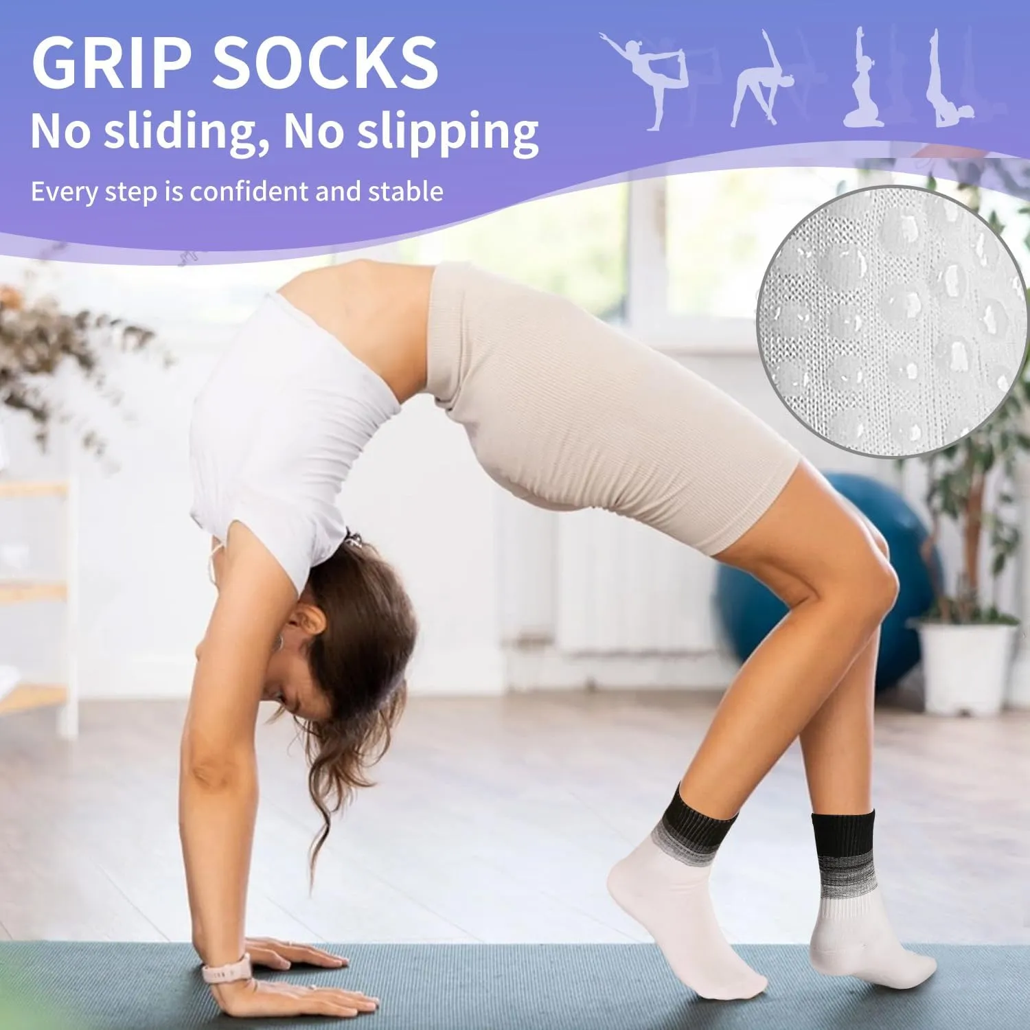 Pilates Socks with Grips for Women Grippy Yoga Sock Crew Size 7-9 for Workout Barre Ballet Barefoot 5 Pairs