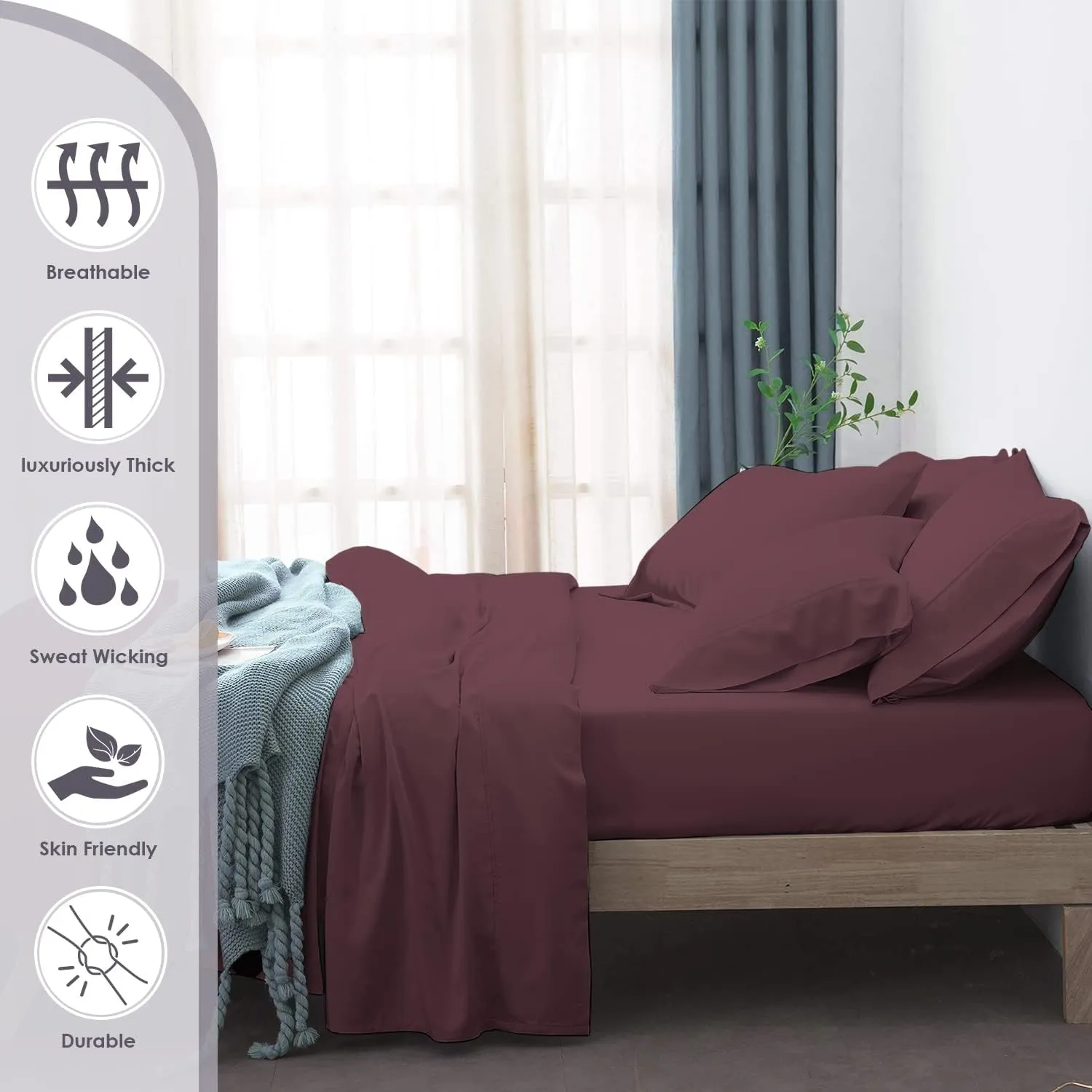 Pizuna Pure 100% Cotton Sheets 6pc King Size, 800 Thread Count Long Staple Cotton Crisp Sateen Sheets 6pc King with 15inch Deep Pocket (Combed Dark Purple Cotton Sheets 6pc King)