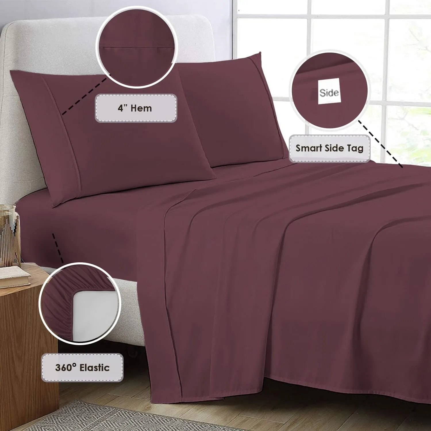 Pizuna Pure 100% Cotton Sheets 6pc King Size, 800 Thread Count Long Staple Cotton Crisp Sateen Sheets 6pc King with 15inch Deep Pocket (Combed Dark Purple Cotton Sheets 6pc King)