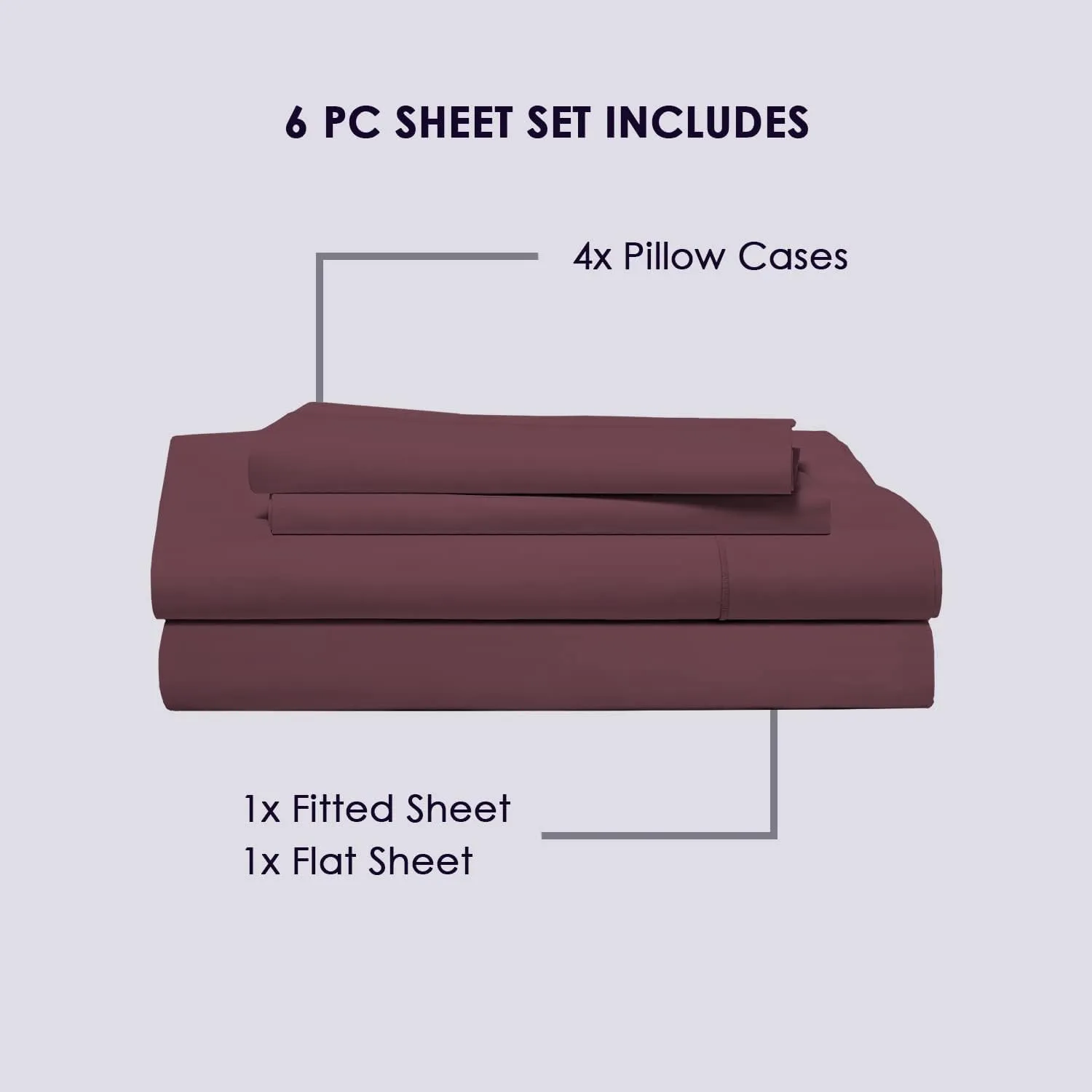 Pizuna Pure 100% Cotton Sheets 6pc King Size, 800 Thread Count Long Staple Cotton Crisp Sateen Sheets 6pc King with 15inch Deep Pocket (Combed Dark Purple Cotton Sheets 6pc King)
