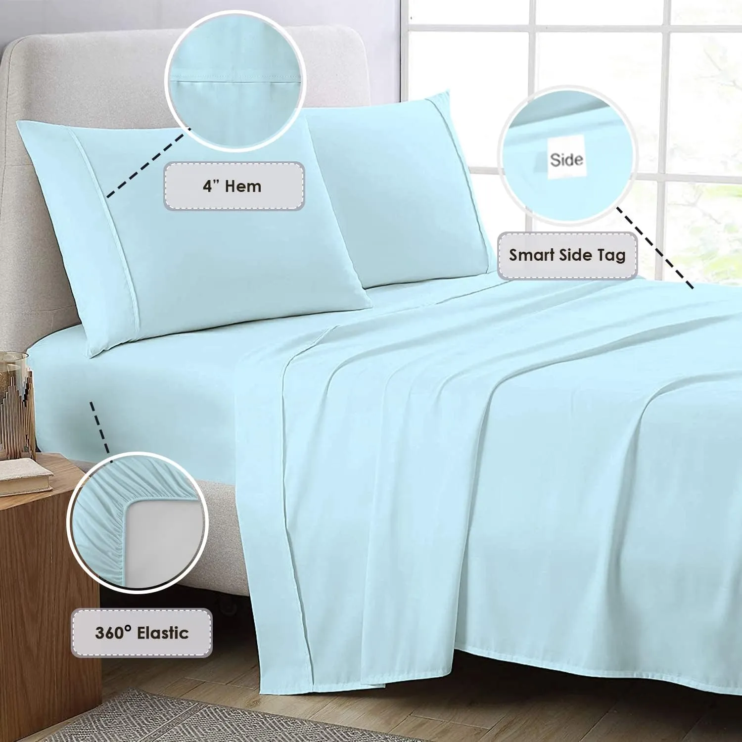 Pizuna Pure 100% Cotton Split King Sheet Set Baby Blue, 800 Thread Count 100% Long Staple Cotton Split King Sheets for Adjustable Bed, 15" Deep Pocket Sheets (Combed Cotton Bed Sheets)