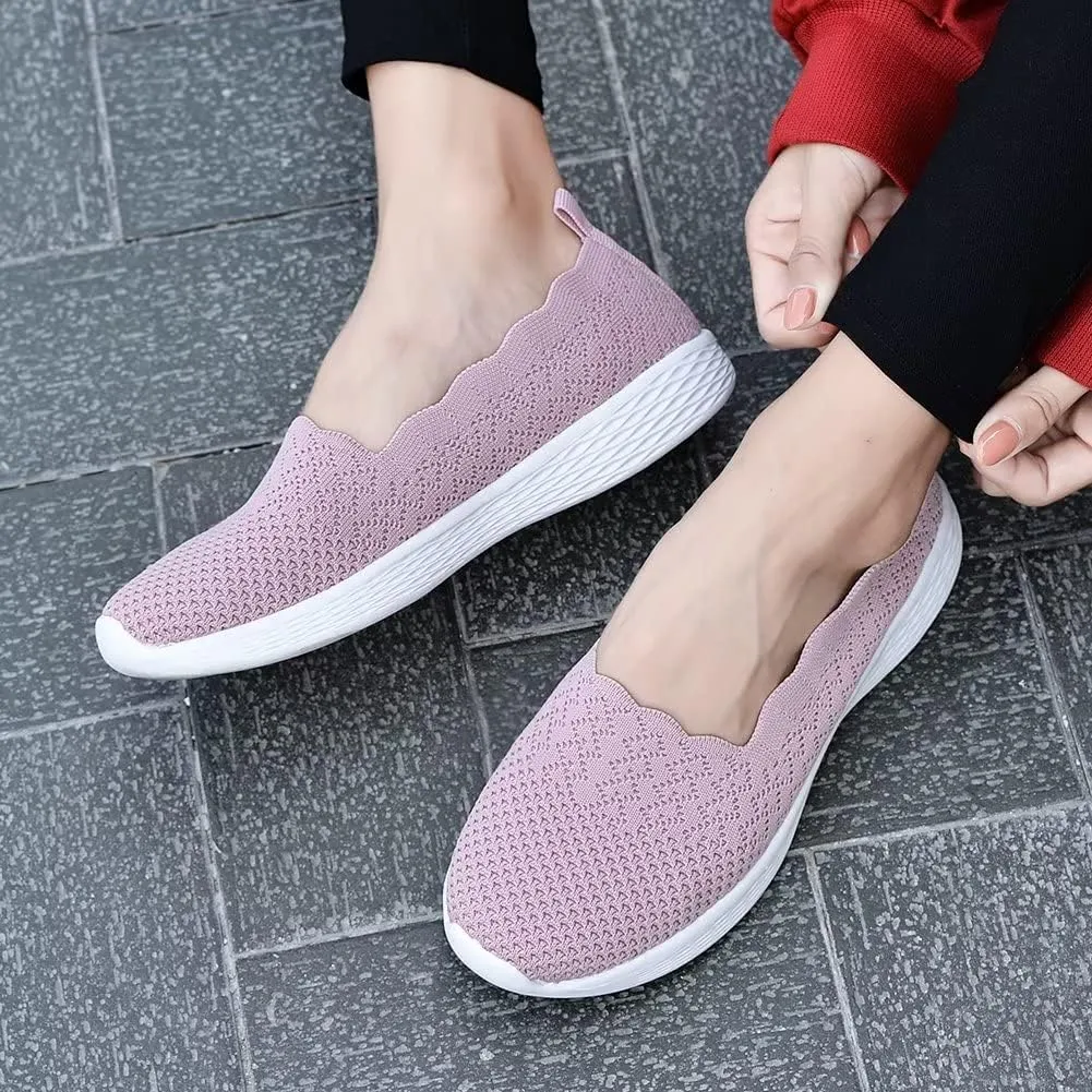 poemlady Women's Slip on Loafer Shoes - Mesh Casual Ballet Flat Nurse Walking Sneakers Knit Round Toe Memory Foam Casual Shoes