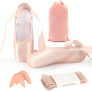 Pointe Shoes, Pink Pointe Shoes for Girls and Women with Ballet Toe Pads/Elastic Band