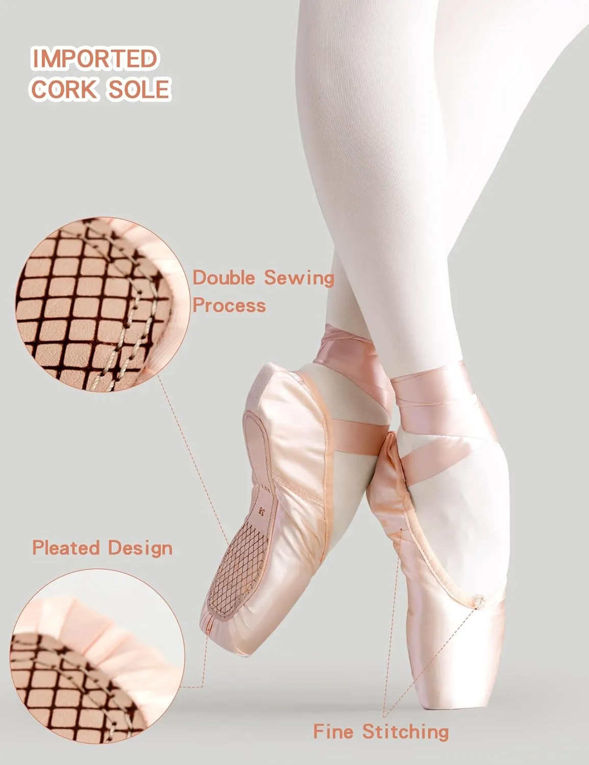 Pointe Shoes, Pink Pointe Shoes for Girls and Women with Ballet Toe Pads/Elastic Band