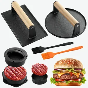 POLIGO 5PCS Smash Burger Press Kit - 4 in 1 Stuffed Burger Mold, 2PCS Cast Iron Burger Presses, Sauce Brushes Included - Non Stick Smash Burger Press Set for Grill and Griddle Cooking