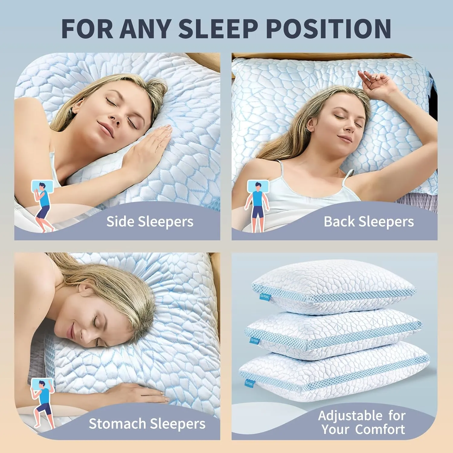 QUTOOL Double Sided Cooling Pillow for Hot Sleepers, Shredded Memory Foam Pillows Standard Size Set of 2, Adjustable Soft & Firm Gel Bed Pillow for Side, Back, Stomach Sleepers