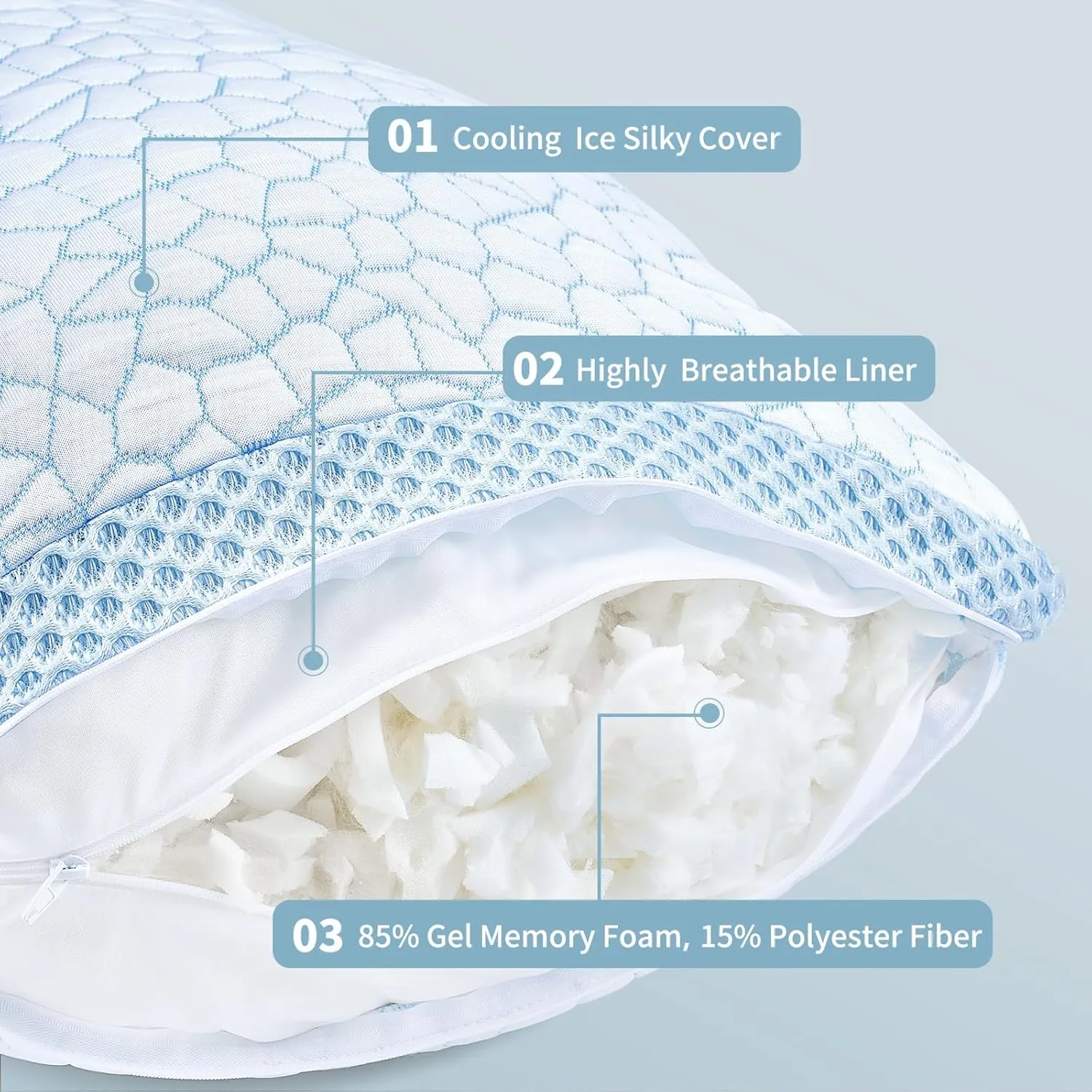 QUTOOL Double Sided Cooling Pillow for Hot Sleepers, Shredded Memory Foam Pillows Standard Size Set of 2, Adjustable Soft & Firm Gel Bed Pillow for Side, Back, Stomach Sleepers