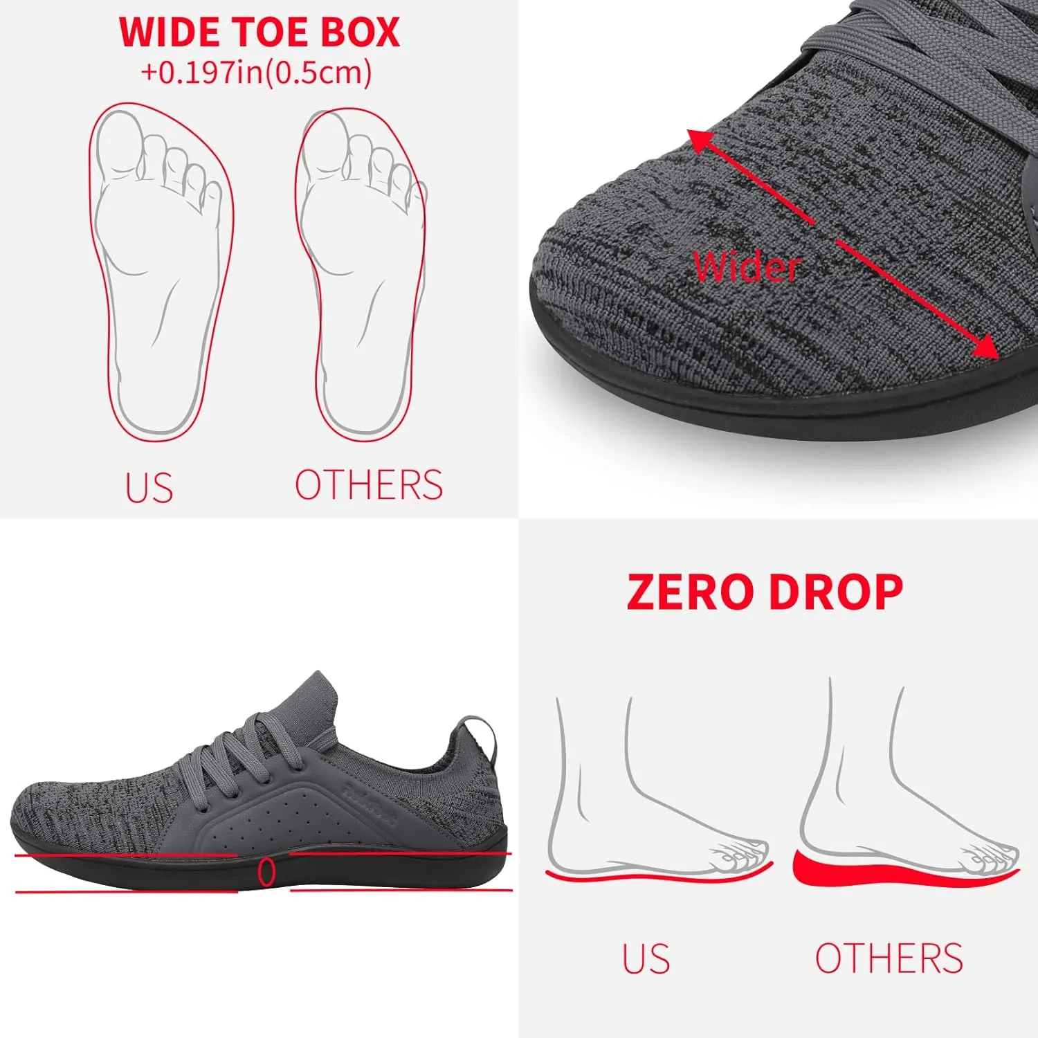 relxfeet Men's Barefoot Shoes Minimalist Cross-Trainer Shoes Wide Toe Walking Shoes Zero Drop Sole Trail Running Sneakers