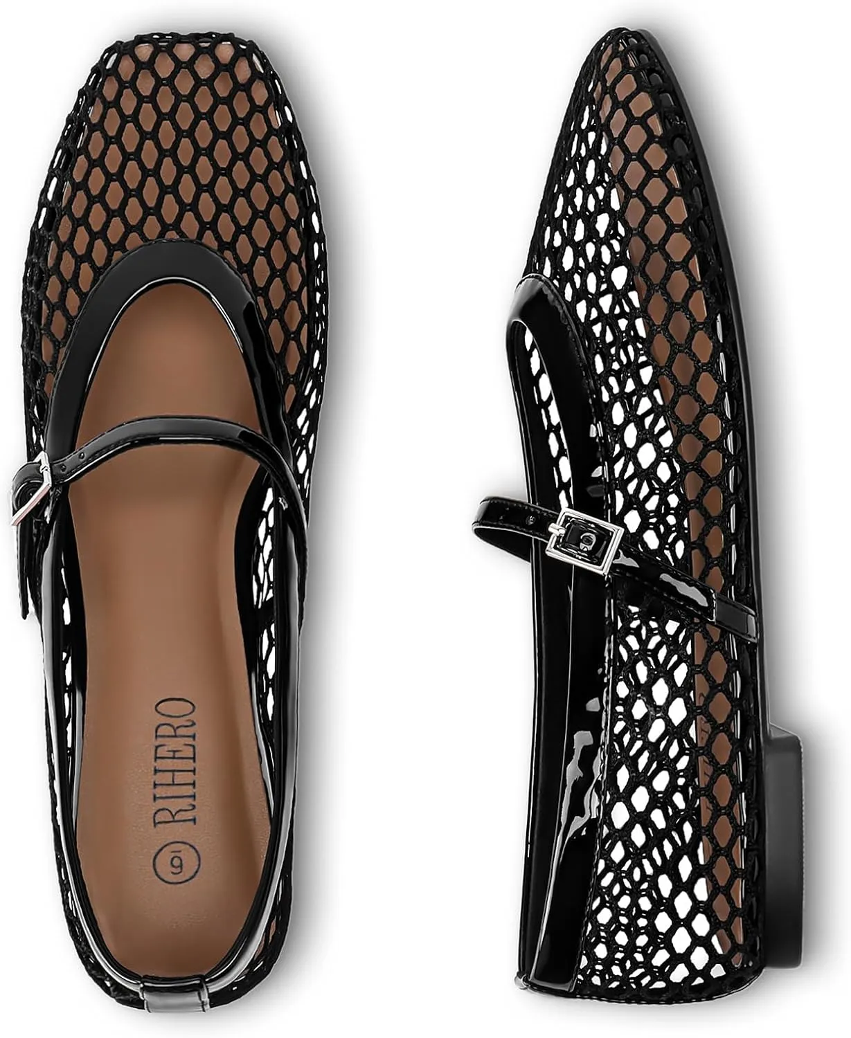 Rihero Mesh Ballet Flats for Women Comfortable Square Toe Ballerina Flats Buckle Strap Casual Fishnet Flat Shoes