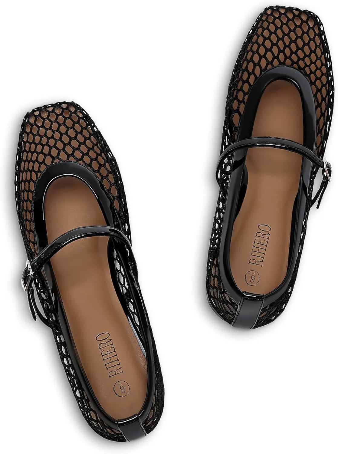 Rihero Mesh Ballet Flats for Women Comfortable Square Toe Ballerina Flats Buckle Strap Casual Fishnet Flat Shoes
