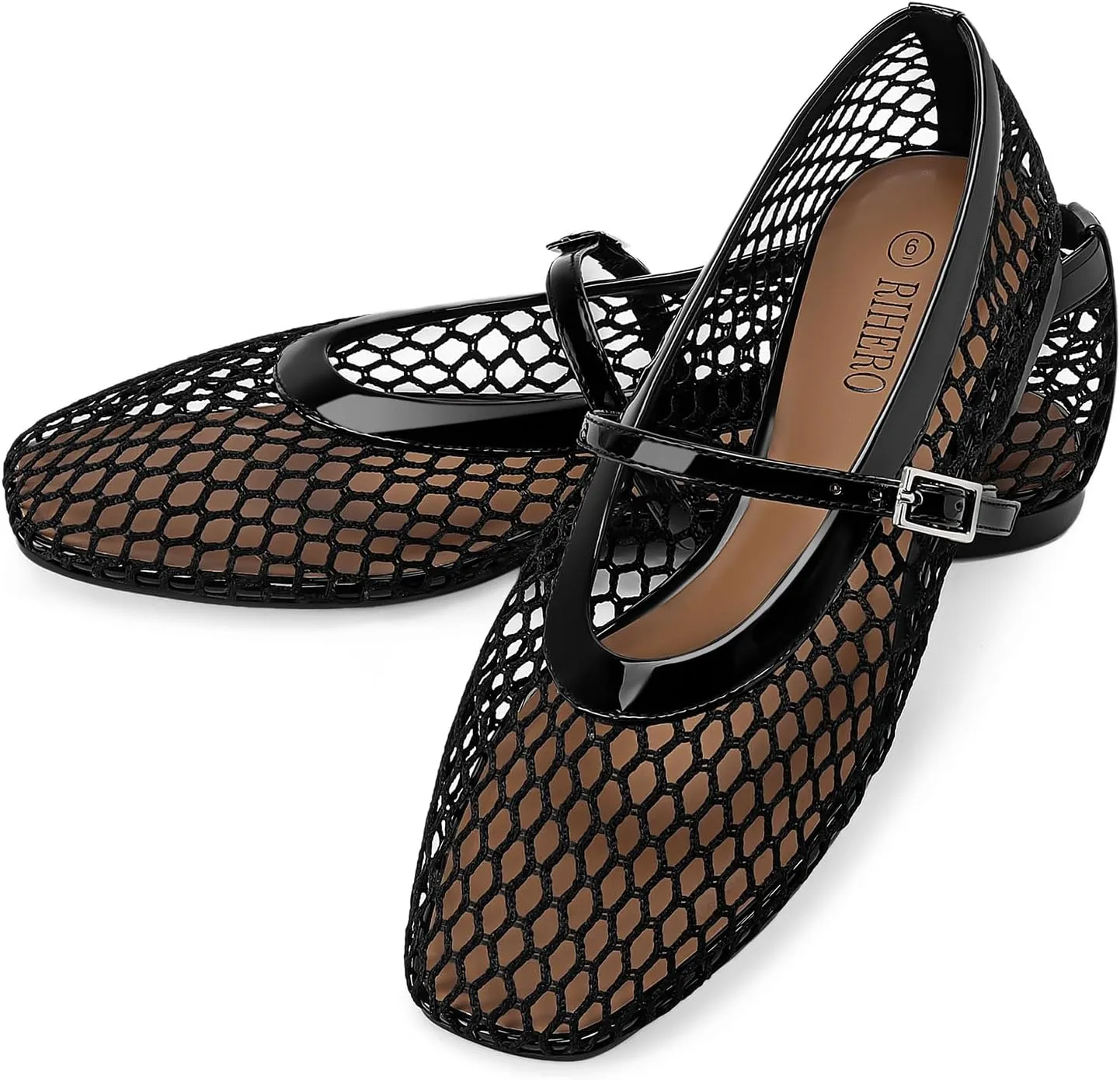 Rihero Mesh Ballet Flats for Women Comfortable Square Toe Ballerina Flats Buckle Strap Casual Fishnet Flat Shoes