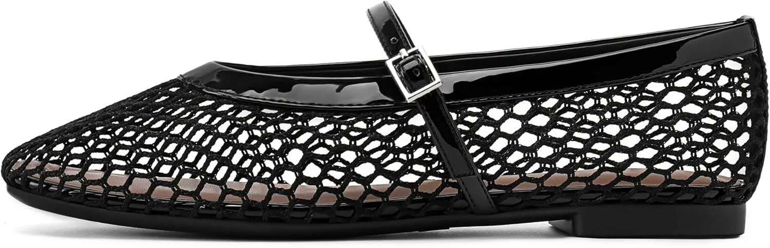 Rihero Mesh Ballet Flats for Women Comfortable Square Toe Ballerina Flats Buckle Strap Casual Fishnet Flat Shoes