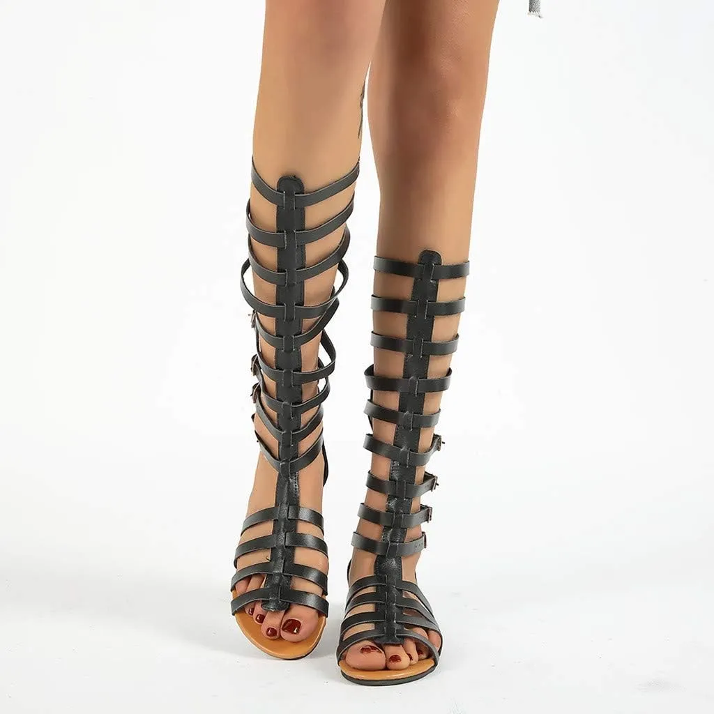 Roman Sandals For Women Buckle Strap Knee High Boot Shoes Cutout Vintage Party Casual Sandal 2025 Summer Fashion Flats