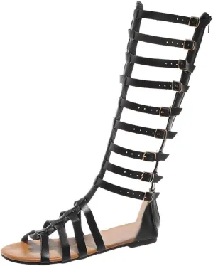 Roman Sandals For Women Buckle Strap Knee High Boot Shoes Cutout Vintage Party Casual Sandal 2025 Summer Fashion Flats