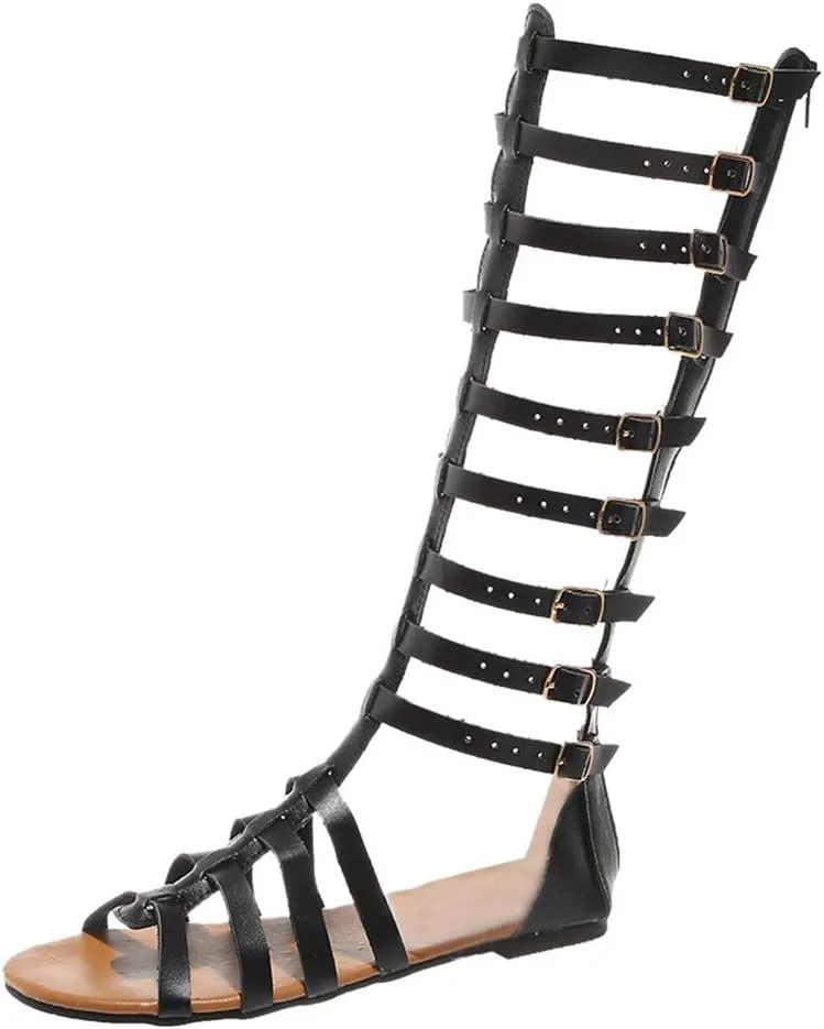 Roman Sandals For Women Buckle Strap Knee High Boot Shoes Cutout Vintage Party Casual Sandal 2025 Summer Fashion Flats