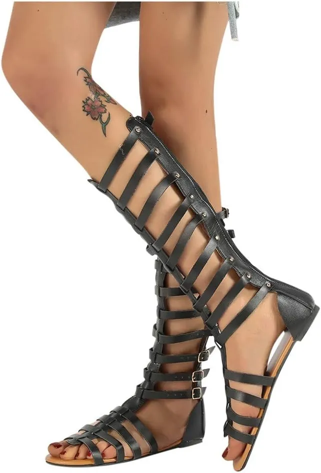 Roman Sandals For Women Buckle Strap Knee High Boot Shoes Cutout Vintage Party Casual Sandal 2025 Summer Fashion Flats