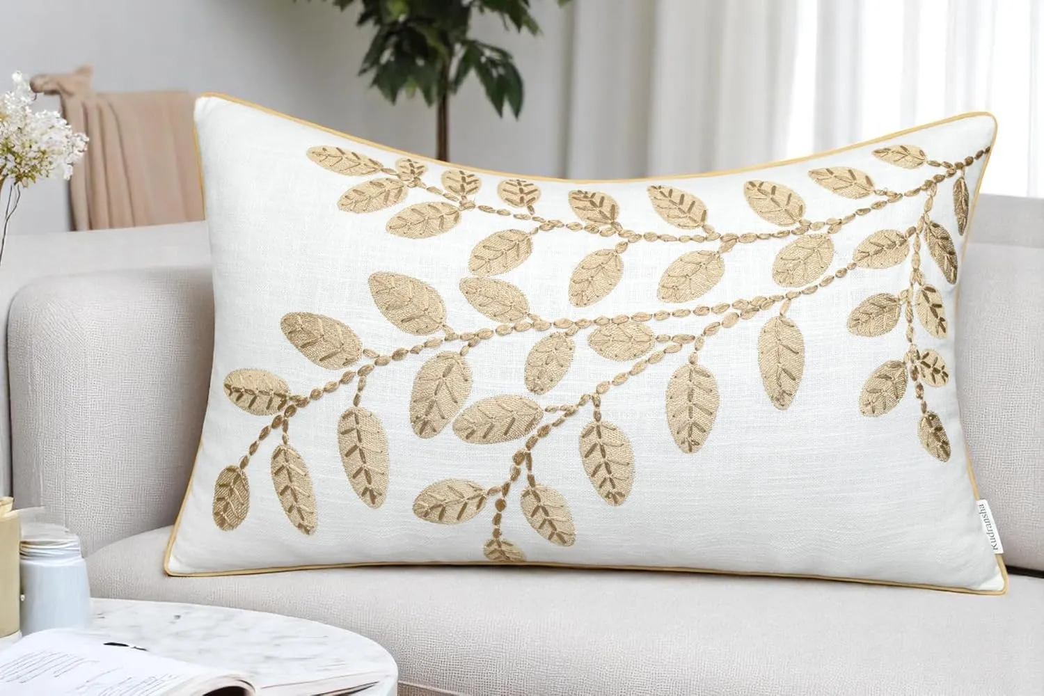 Rudransha 12x20 Ivory Cotton Lumbar Pillow Cover - Beige Hazel Leaves Hand Embroidery - Decorative Rectangular Throw Cushion Case for Couch, Sofa, Bed, Living Room - Boho Farmhouse Home Decor