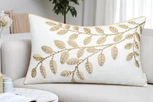 Rudransha 12x20 Ivory Cotton Lumbar Pillow Cover - Beige Hazel Leaves Hand Embroidery - Decorative Rectangular Throw Cushion Case for Couch, Sofa, Bed, Living Room - Boho Farmhouse Home Decor