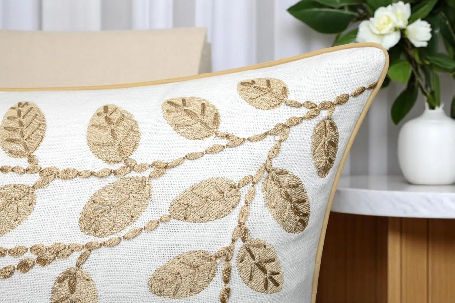 Rudransha 12x20 Ivory Cotton Lumbar Pillow Cover - Beige Hazel Leaves Hand Embroidery - Decorative Rectangular Throw Cushion Case for Couch, Sofa, Bed, Living Room - Boho Farmhouse Home Decor
