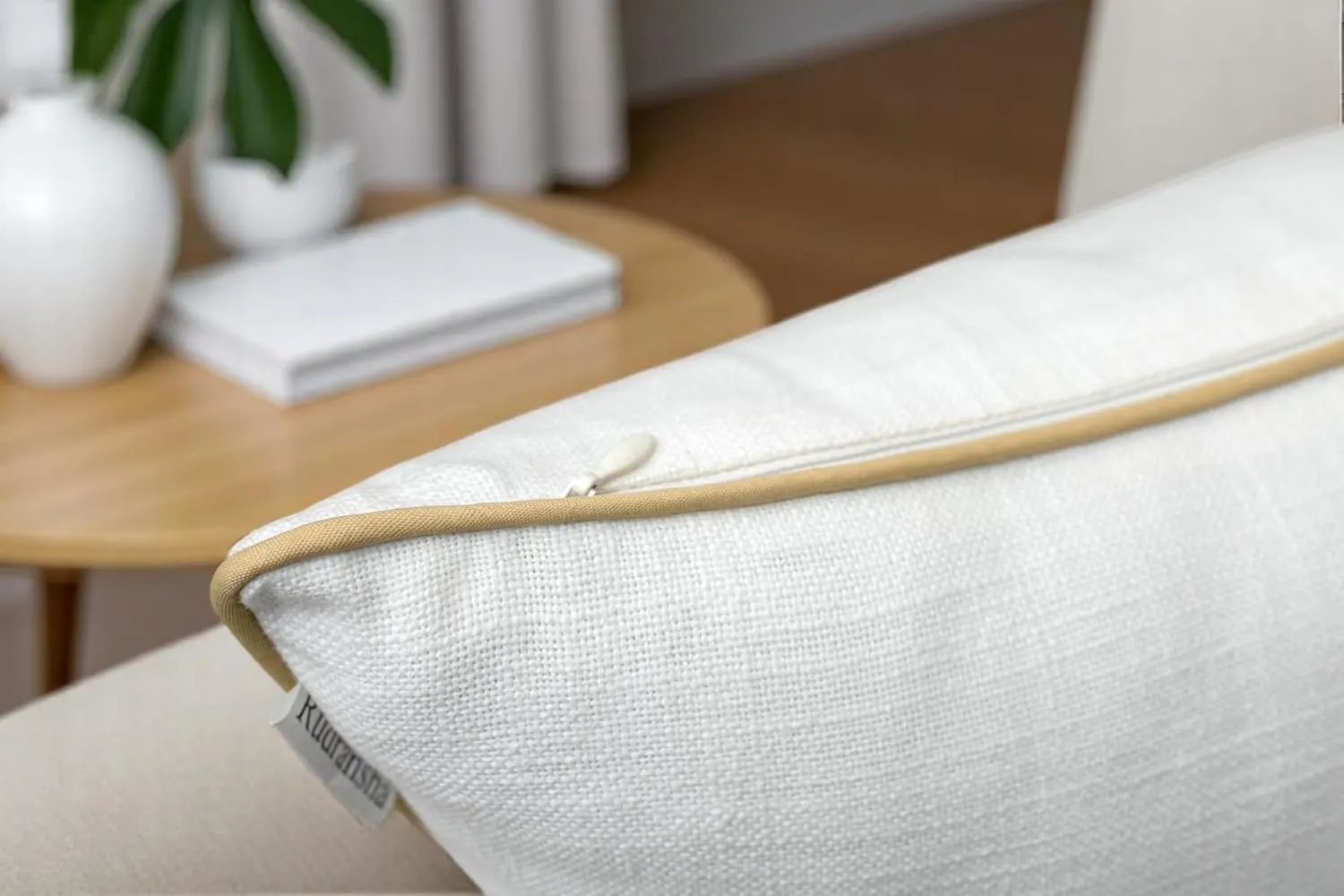 Rudransha 12x20 Ivory Cotton Lumbar Pillow Cover - Beige Hazel Leaves Hand Embroidery - Decorative Rectangular Throw Cushion Case for Couch, Sofa, Bed, Living Room - Boho Farmhouse Home Decor