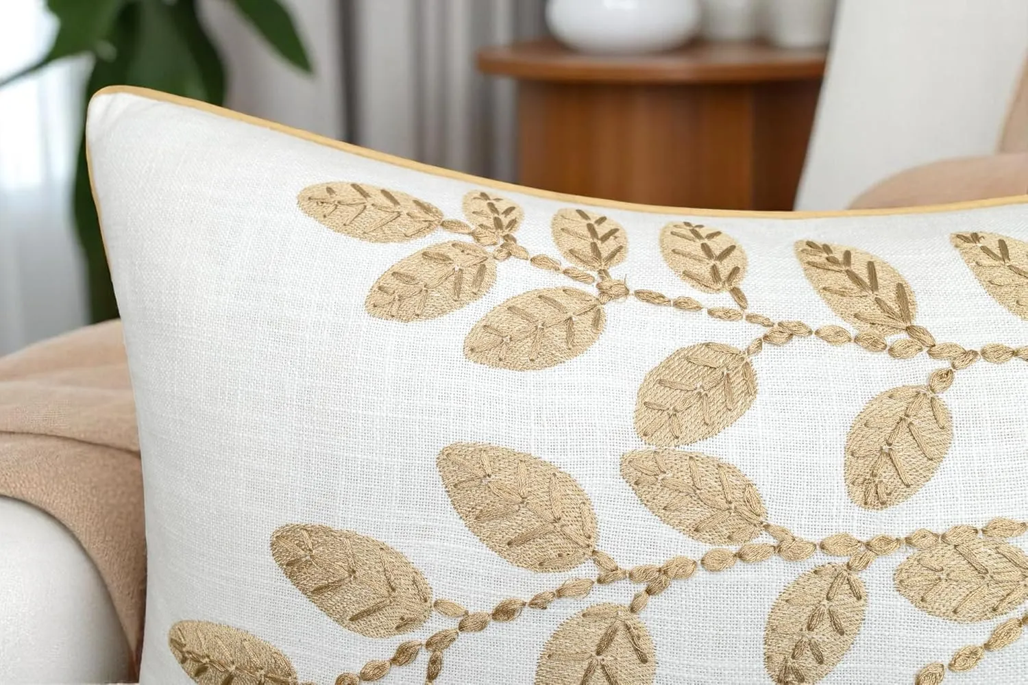 Rudransha 12x20 Ivory Cotton Lumbar Pillow Cover - Beige Hazel Leaves Hand Embroidery - Decorative Rectangular Throw Cushion Case for Couch, Sofa, Bed, Living Room - Boho Farmhouse Home Decor