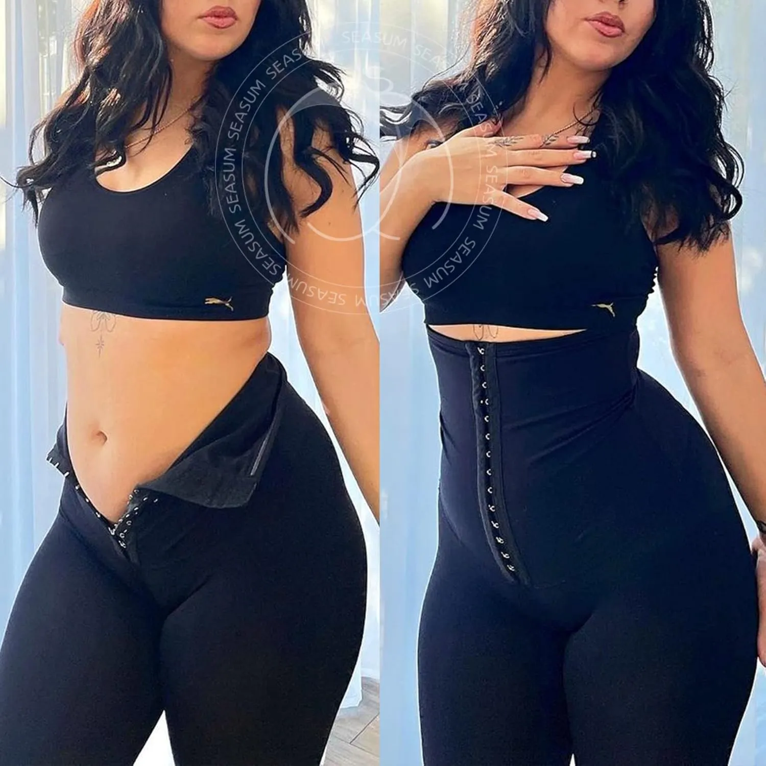 SEASUM High Waisted Yoga Legging with Adjustable Waist Corset Belt Tummy Control Slimming Waist Trainer Pant