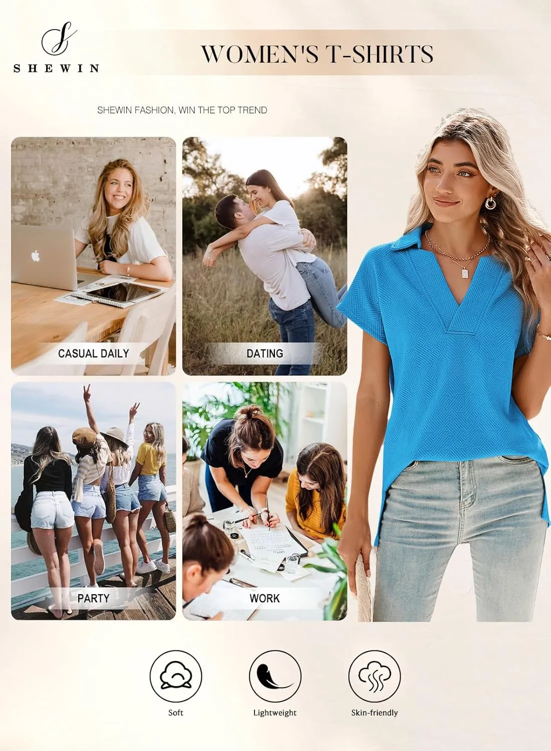 SHEWIN Women's Polo Shirts Casual Collared V Neck Short Sleeve T Shirt Tunic Tops Loose Fit