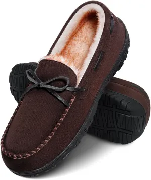 Shoeslocker Men's Warm Soft Plush Memory Foam House Moccasin Slippers - Comfortable Non-Slip Indoor/Outdoor - Black, Beige, Brown