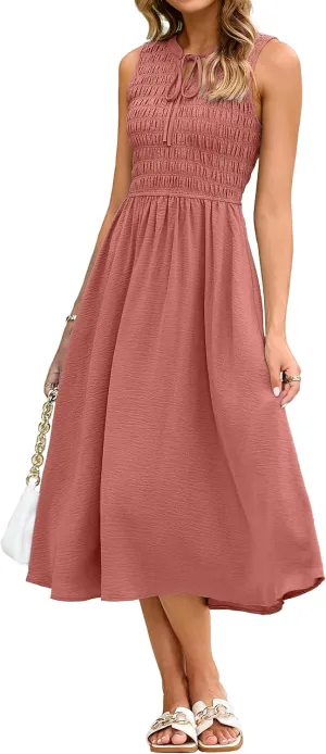 Simplee Womens Summer Smocked Midi Sundress V Neck Sleeveess Boho A Line Sun Dress with Pockets