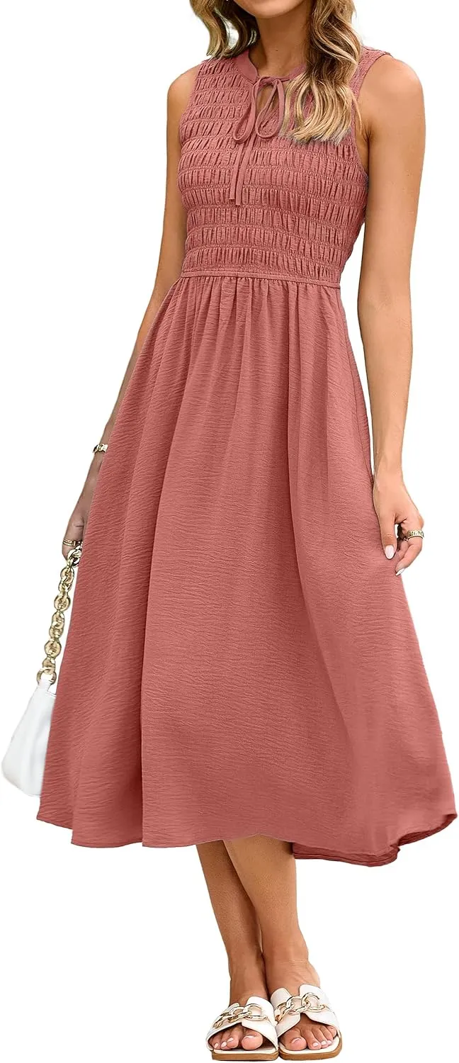Simplee Womens Summer Smocked Midi Sundress V Neck Sleeveess Boho A Line Sun Dress with Pockets