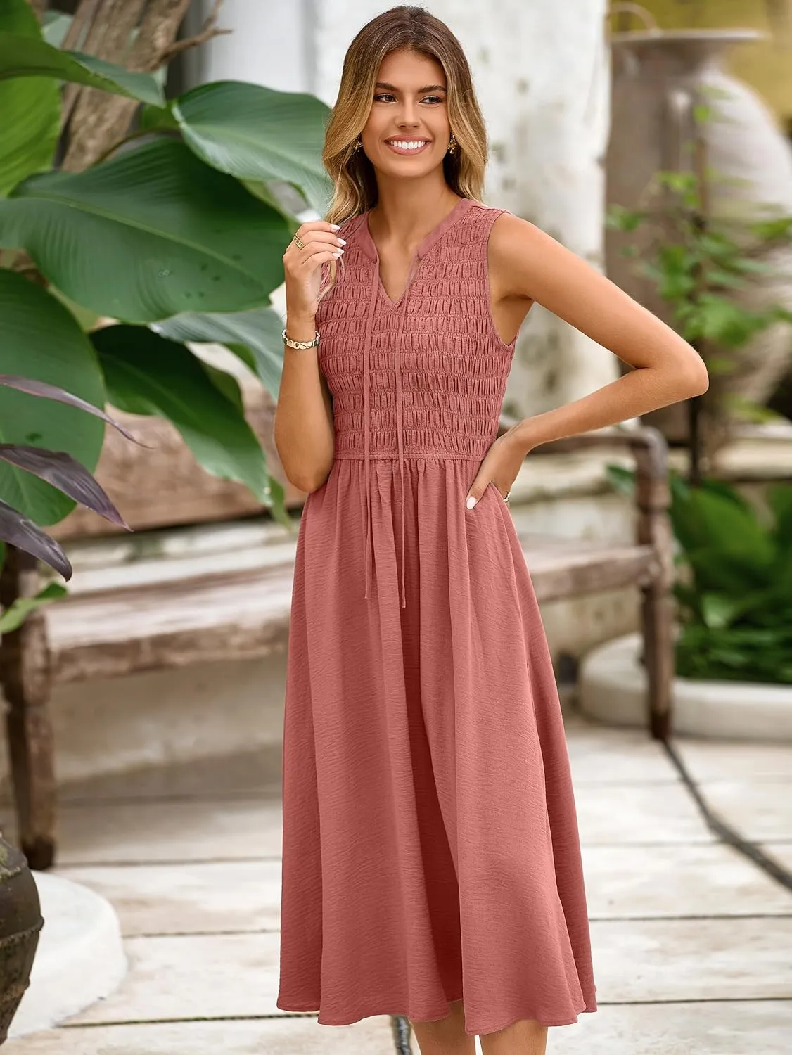 Simplee Womens Summer Smocked Midi Sundress V Neck Sleeveess Boho A Line Sun Dress with Pockets