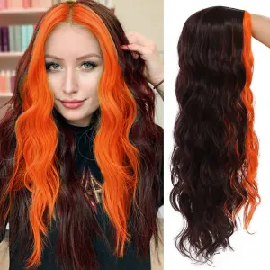 Skunk Stripe Wig Long Brown Wavy Wig with Orange Highlight Synthetic Wigs for Women Daily Cosplay Party Halloween Use (28 Inch)
