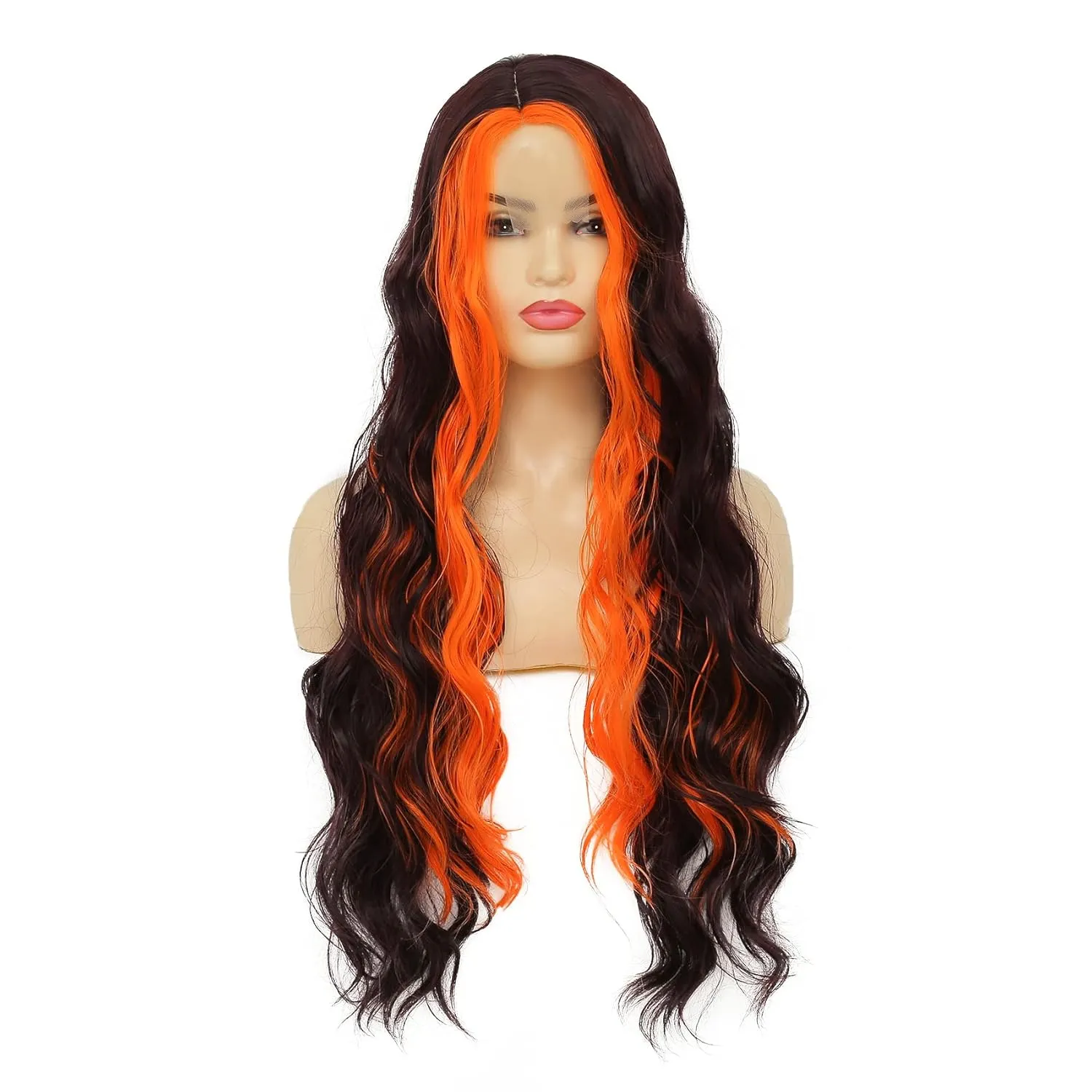 Skunk Stripe Wig Long Brown Wavy Wig with Orange Highlight Synthetic Wigs for Women Daily Cosplay Party Halloween Use (28 Inch)