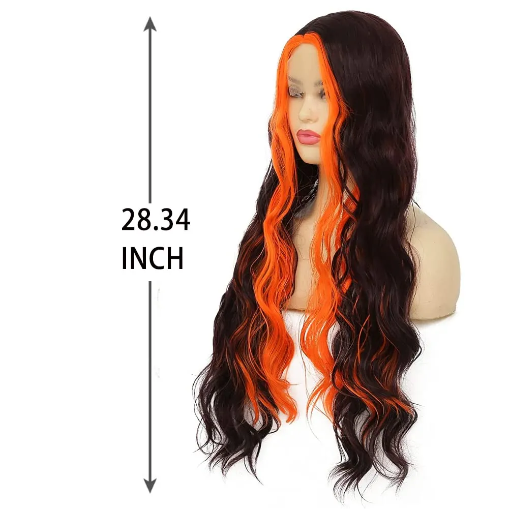 Skunk Stripe Wig Long Brown Wavy Wig with Orange Highlight Synthetic Wigs for Women Daily Cosplay Party Halloween Use (28 Inch)