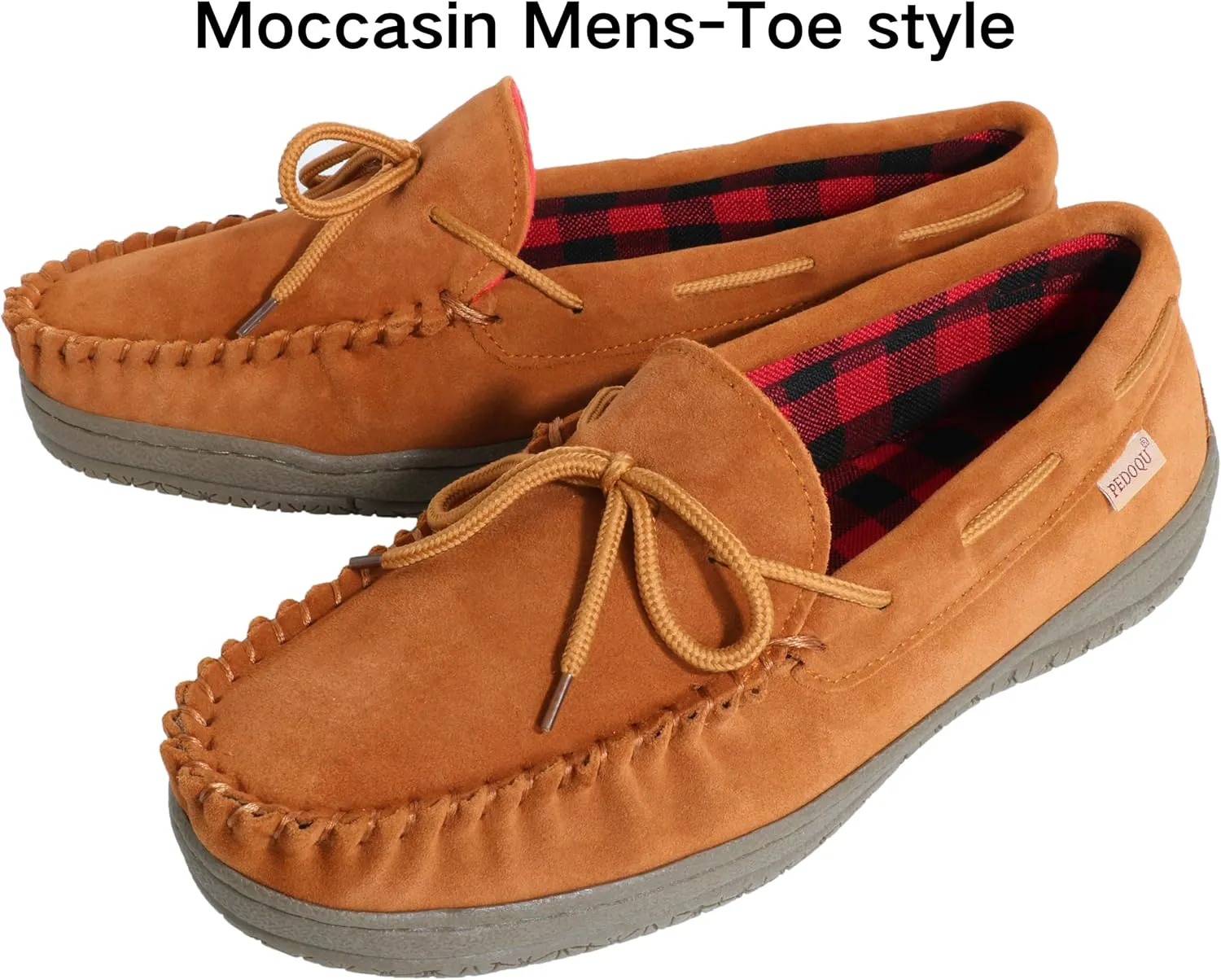 Slippers for Men’s House Shoes Moccasin with Genuine suede Upper Flanel Lining Comfortable Memory Foam Rubber Soles Indoor Outdoor