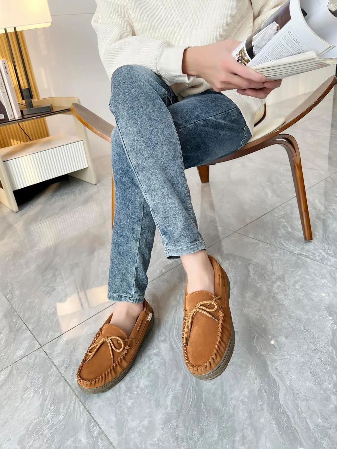 Slippers for Men’s House Shoes Moccasin with Genuine suede Upper Flanel Lining Comfortable Memory Foam Rubber Soles Indoor Outdoor