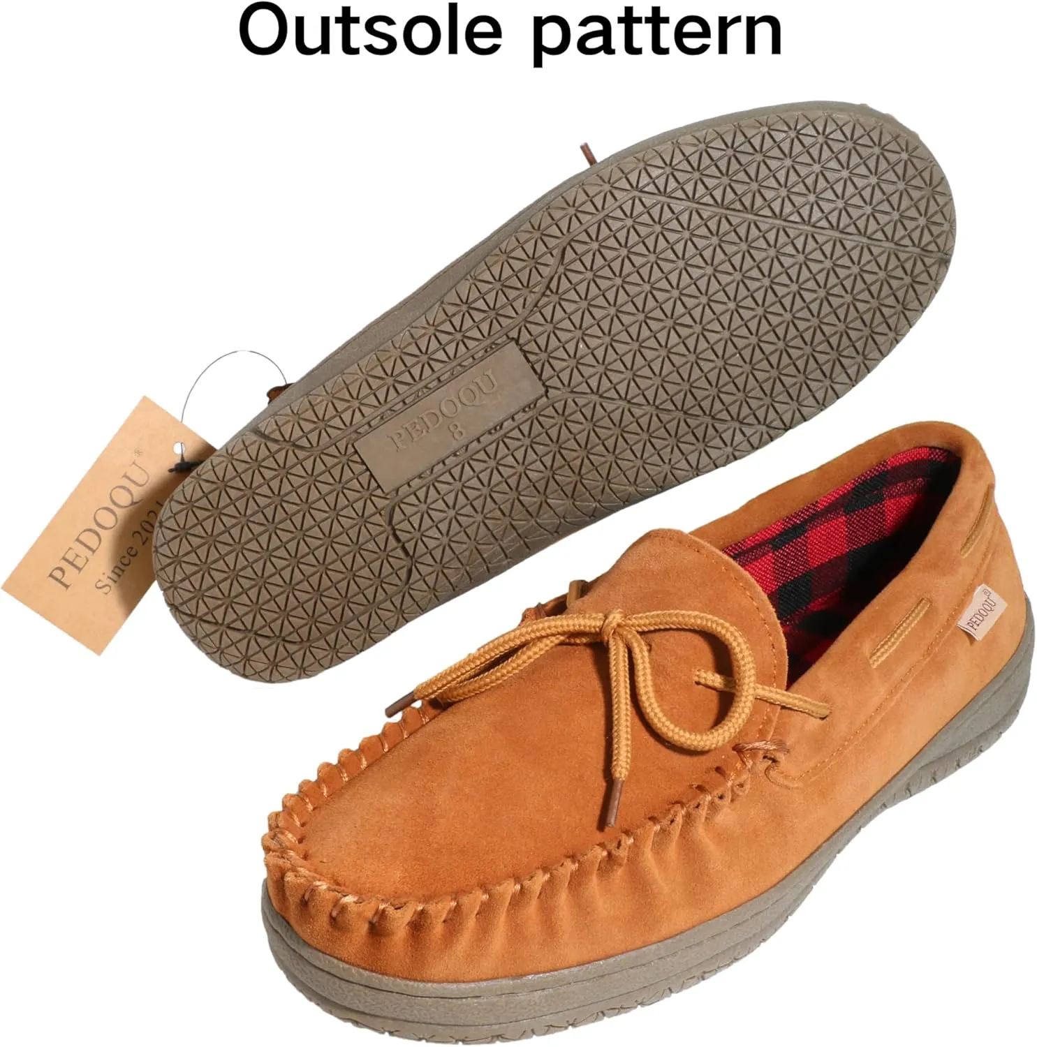 Slippers for Men’s House Shoes Moccasin with Genuine suede Upper Flanel Lining Comfortable Memory Foam Rubber Soles Indoor Outdoor
