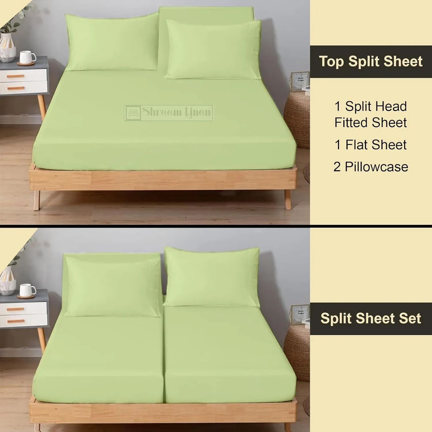 Split Head Flex King Sheets for Adjustable Beds, Flex Top King Sheets for Sleep Number Bed 100% Egyptian Cotton - 4Pcs Sheet Set -36" Top Split fit Upto 16" Deep Mattress (Sage Solid)