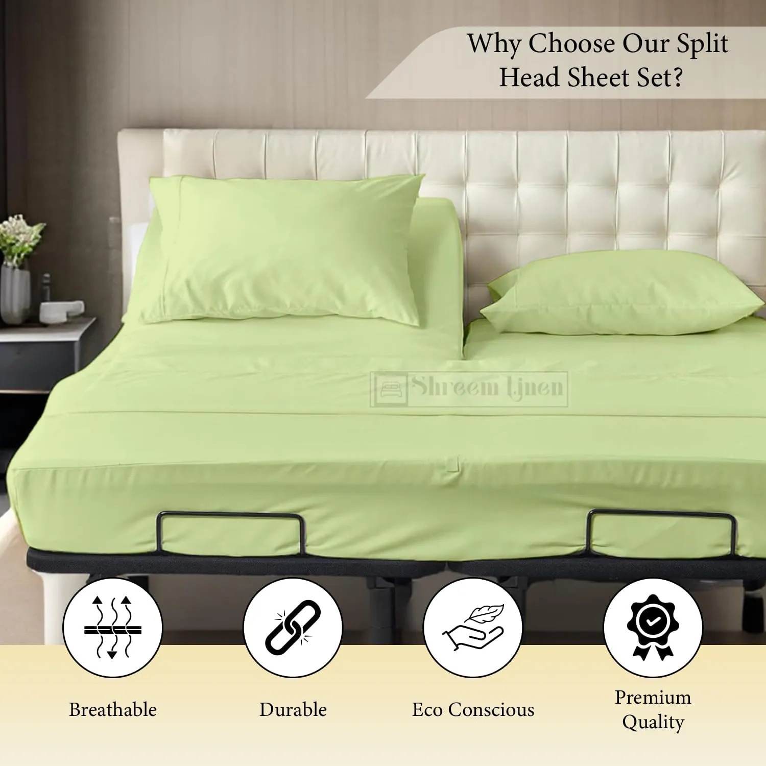 Split Head Flex King Sheets for Adjustable Beds, Flex Top King Sheets for Sleep Number Bed 100% Egyptian Cotton - 4Pcs Sheet Set -36" Top Split fit Upto 16" Deep Mattress (Sage Solid)