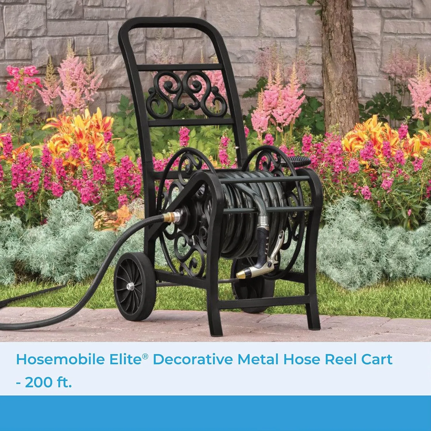 Suncast MDHC200 Metal Decorative Flat-Free Wheels and Foot Caps Stylish Garden Reel Cart for 200' of Standard Vinyl Hose, 200 Feet, Black