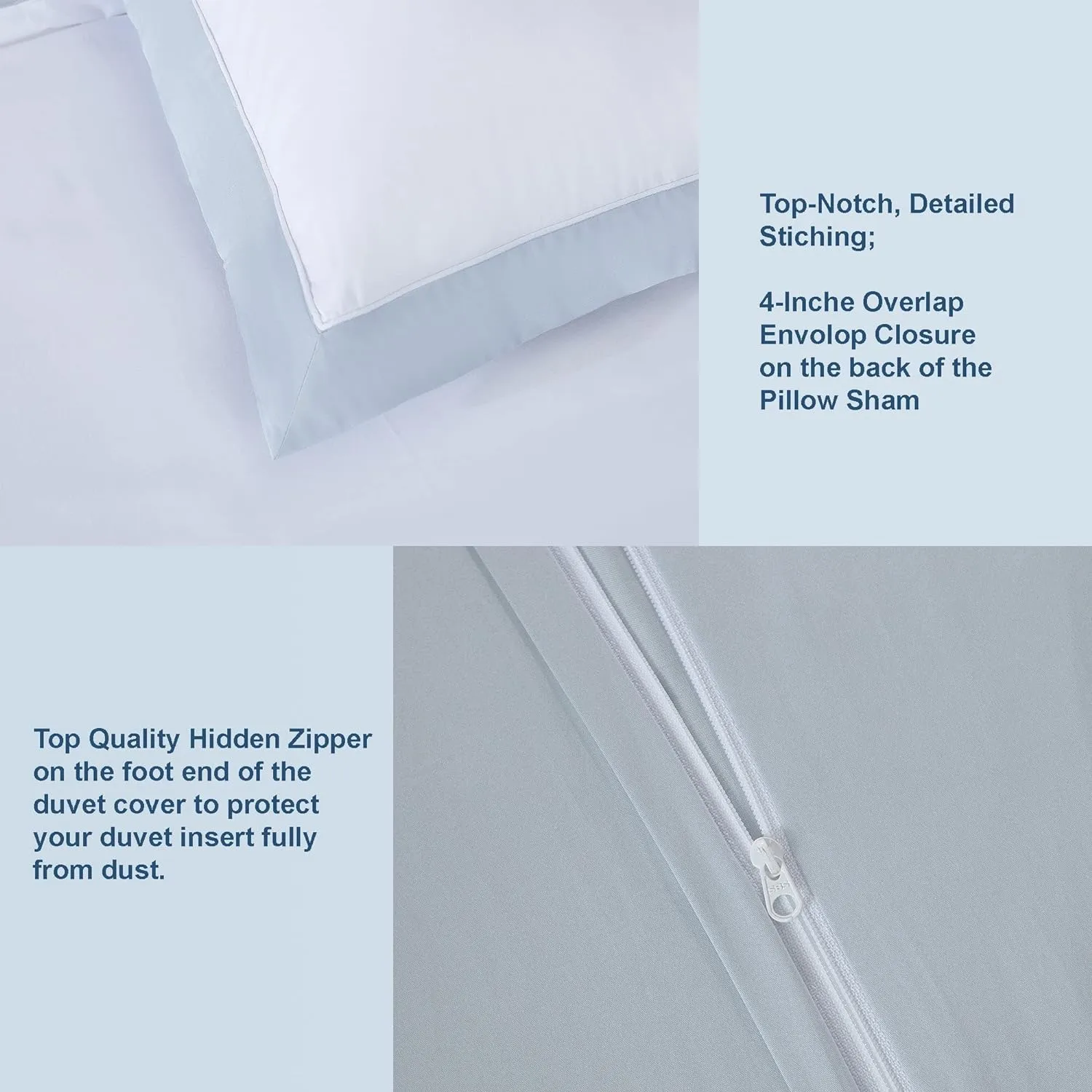 THE COTTON & SILK 100% Luxury Long-Staple Cotton Duvet Cover Set - Soft & Breathable, Queen Size, White   Misty Blue (1 Duvet Cover with Corner Ties & Hidden Zipper, 2 Pillow Shams)