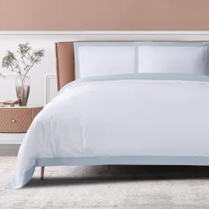 THE COTTON & SILK 100% Luxury Long-Staple Cotton Duvet Cover Set - Soft & Breathable, Queen Size, White   Misty Blue (1 Duvet Cover with Corner Ties & Hidden Zipper, 2 Pillow Shams)