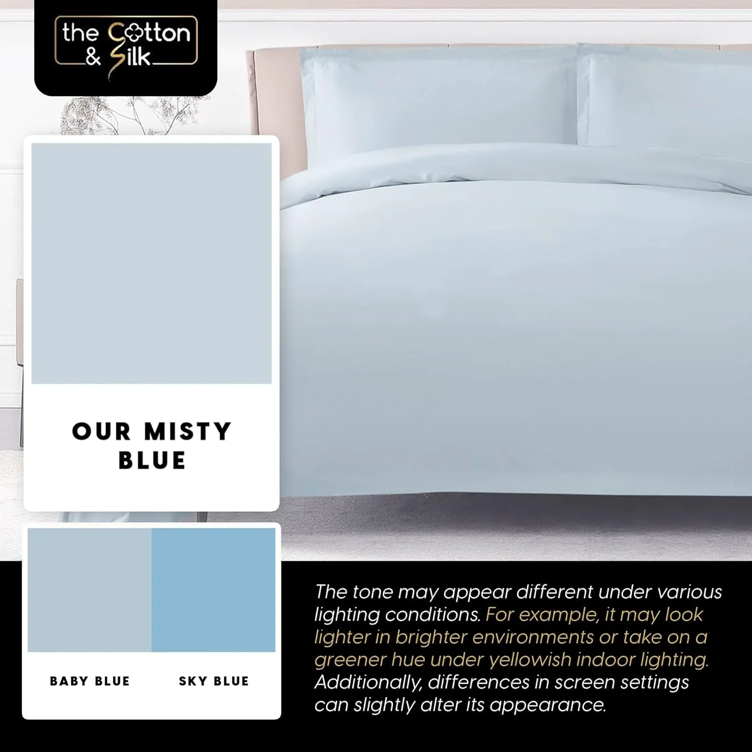 THE COTTON & SILK 100% Luxury Long-Staple Cotton Duvet Cover Set - Soft & Breathable, Queen Size, White   Misty Blue (1 Duvet Cover with Corner Ties & Hidden Zipper, 2 Pillow Shams)