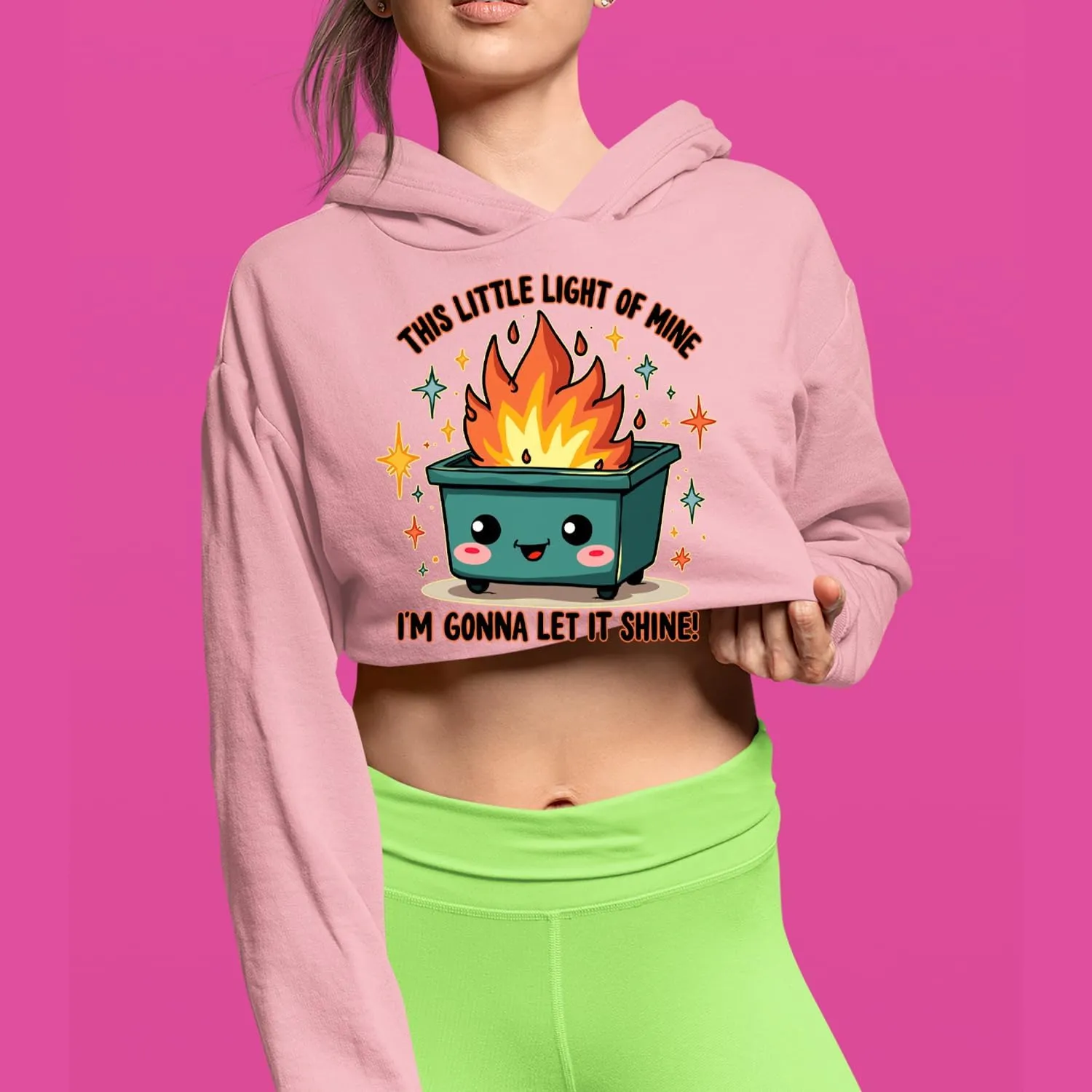 This Little Light of Mine Dumpster Fire Smile Face Cropped Fleece Hoodie, Soft & Cozy, Trendy Fit