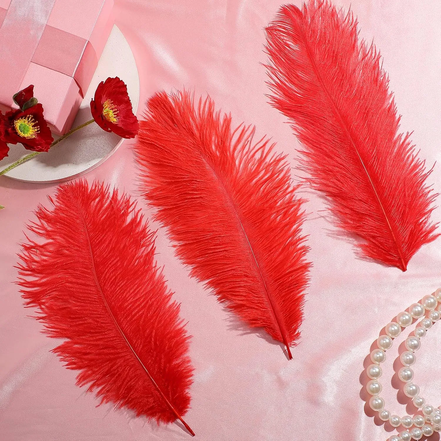 Tigeen 200 Pcs Ostrich Feathers Bulk, 12-14 Inch Large Natural Ostrich Feathers Plumes for Wedding Party Centerpieces DIY Crafts Vase Decorations (Red)