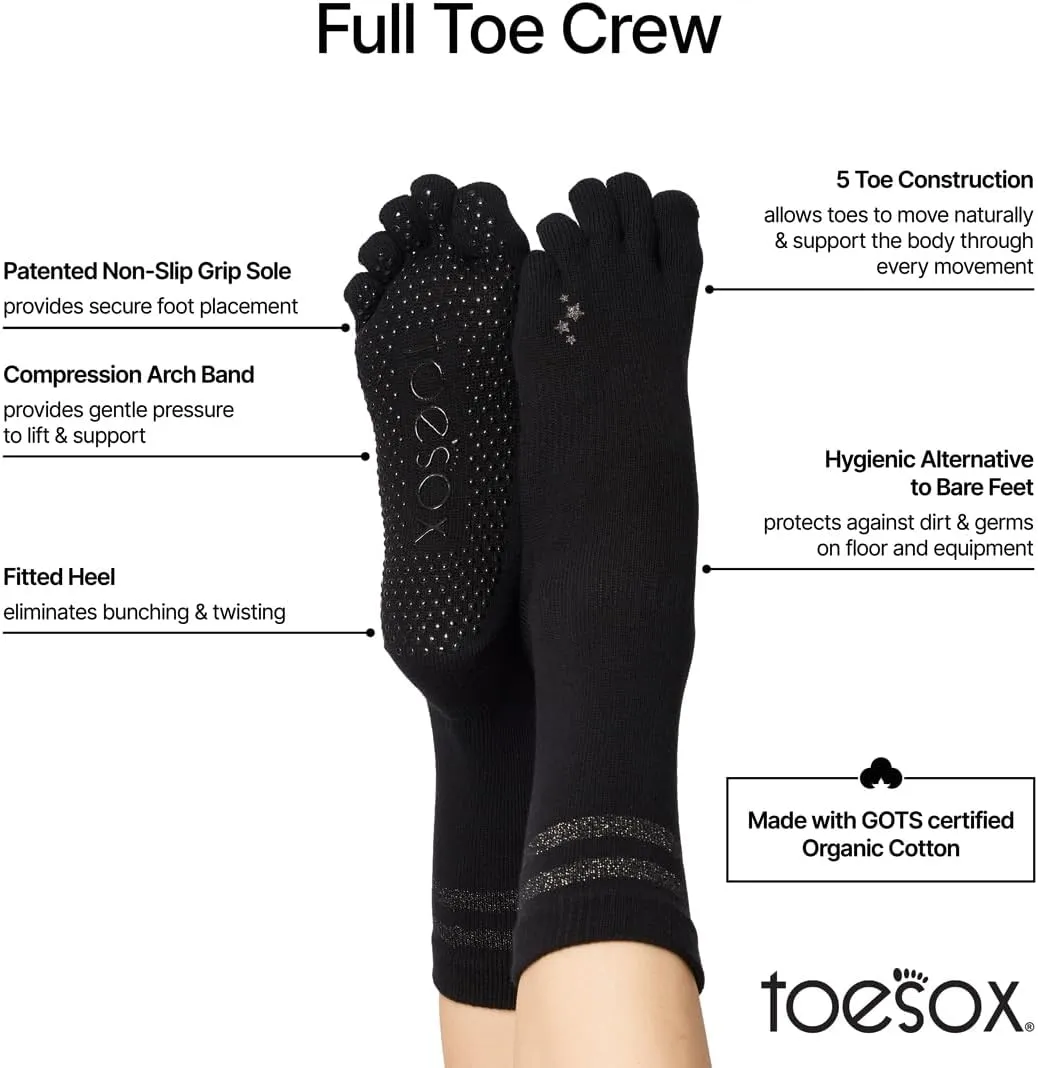 toesox Women's Grip Crew Socks - Non Slip Crew Full Toe for Yoga & Ballet