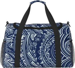 Travel Duffel Bag Lightweight Waterproof Carry On Tote Bag Foldable Weekender Overnight Bags Blue Polynesian Maori Tribal Pattern Sport Gym Bag For Women Men