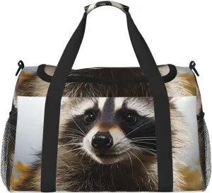Travel Duffel Bag Lightweight Waterproof Carry On Tote Bag Foldable Weekender Overnight Bags Hairy Raccoon Sport Gym Bag For Women Men