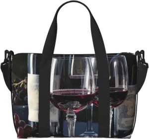Travel Duffel Bags Personal Item Bag Carry On Luggage Bag Training Handbag Lightweight Waterproof Sports Gym Bag Red Wine and Wine Glasses Weekender Bag for Women Men, Black, One Size, Travel Duffle