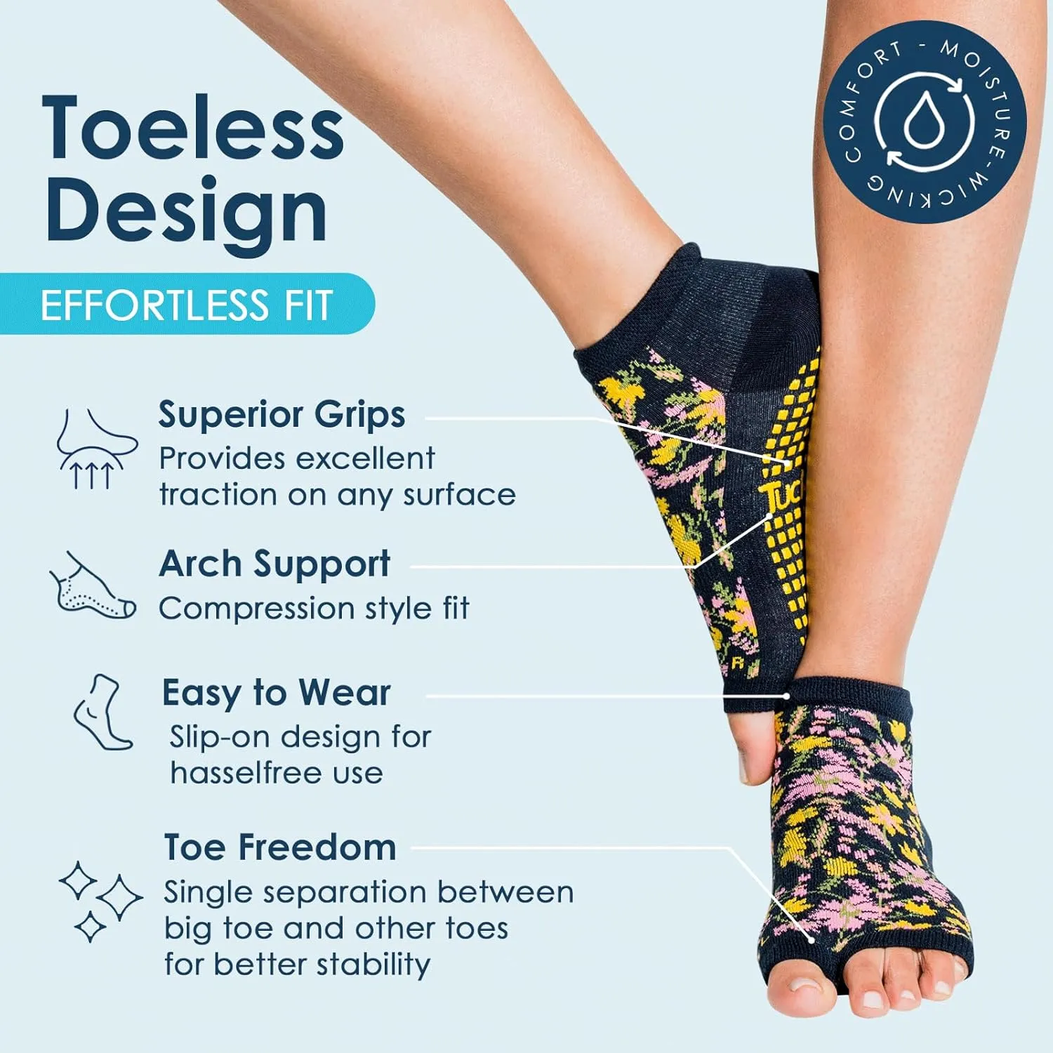 Tucketts Anklet Toeless Pilates Socks with Grips for Women, Non-Slip Ankle Toeless Yoga Socks with Grips for Barre, Size 5-13